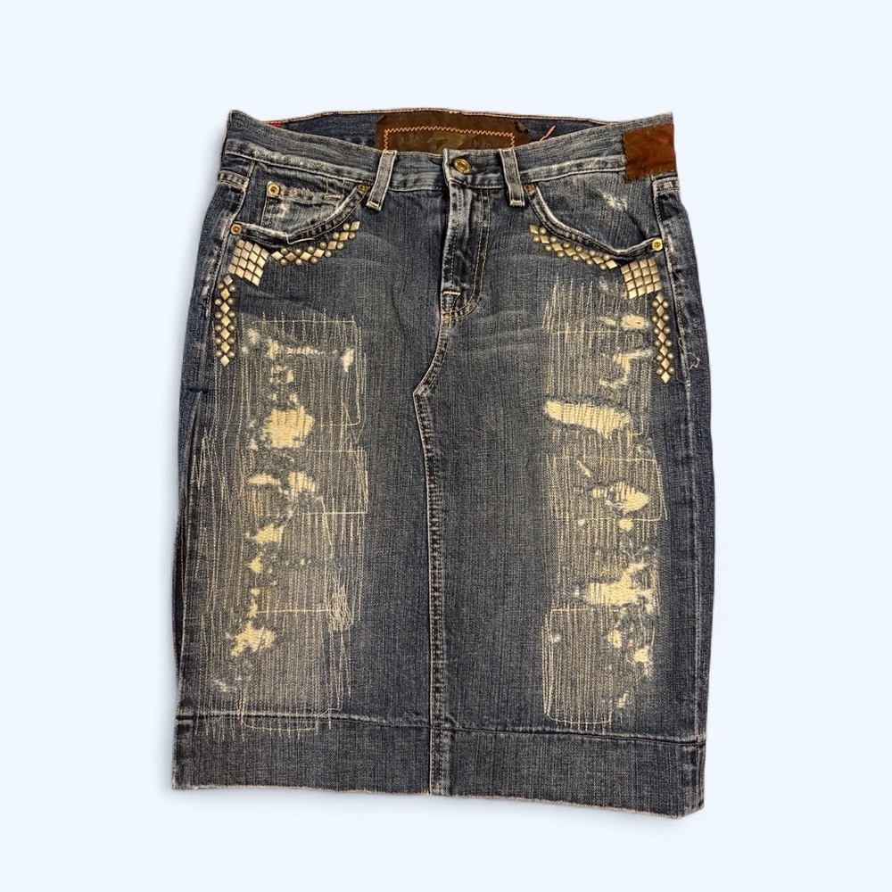 7 For All Mankind Embellished Denim Pencil Skirt Distressed